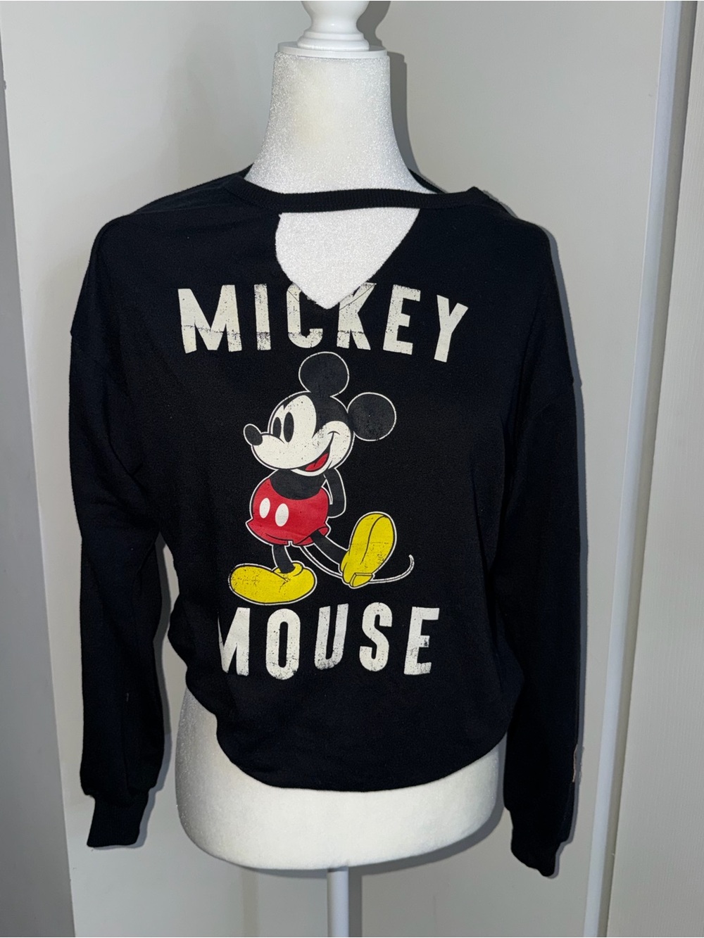 Disney Black Mickey Mouse Graphic Crew Neck Sweater with Yellow & Red Accents